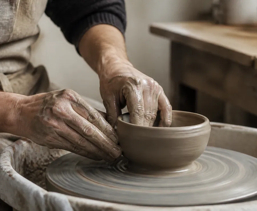 Dłonie ceramiczki formujące niewielką misę na kole garncarskim